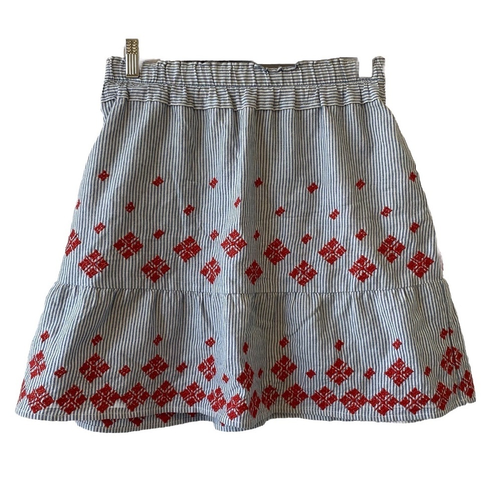 Club Monaco Skirt Blue White Striped Red Embroidered Size Medium 100% Cotton